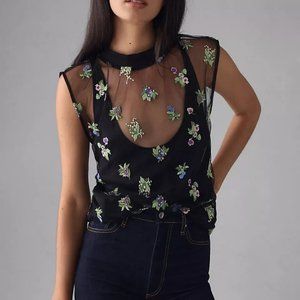 NWT Anthropologie Maeve Sheer Fishnet floral embroidered Blouse Top Shirt XL